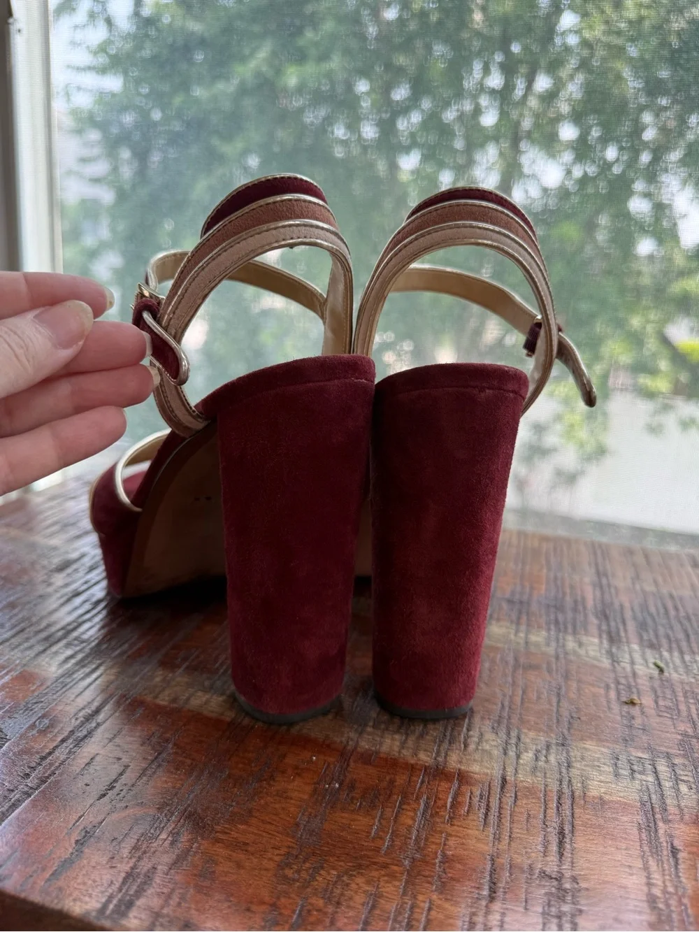 Michael Kors Burgundy and Blush suede Strappy Platform Sandals